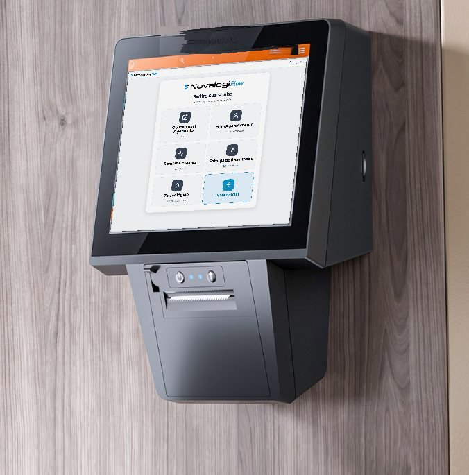 Terminal de parede NovaLogi com tela touch e impressora térmica de senhas